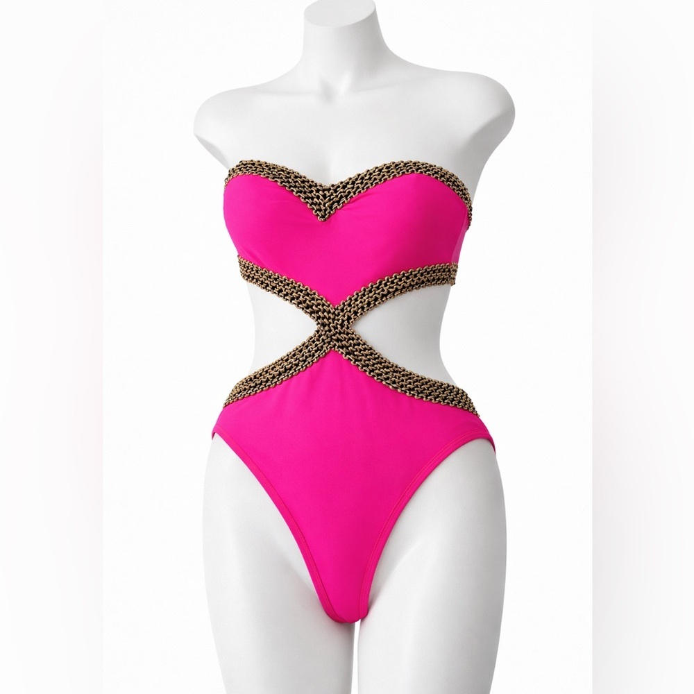 NWT Monokini size XL. Hygenic liner in place. Bright pink brown trim & sequins.